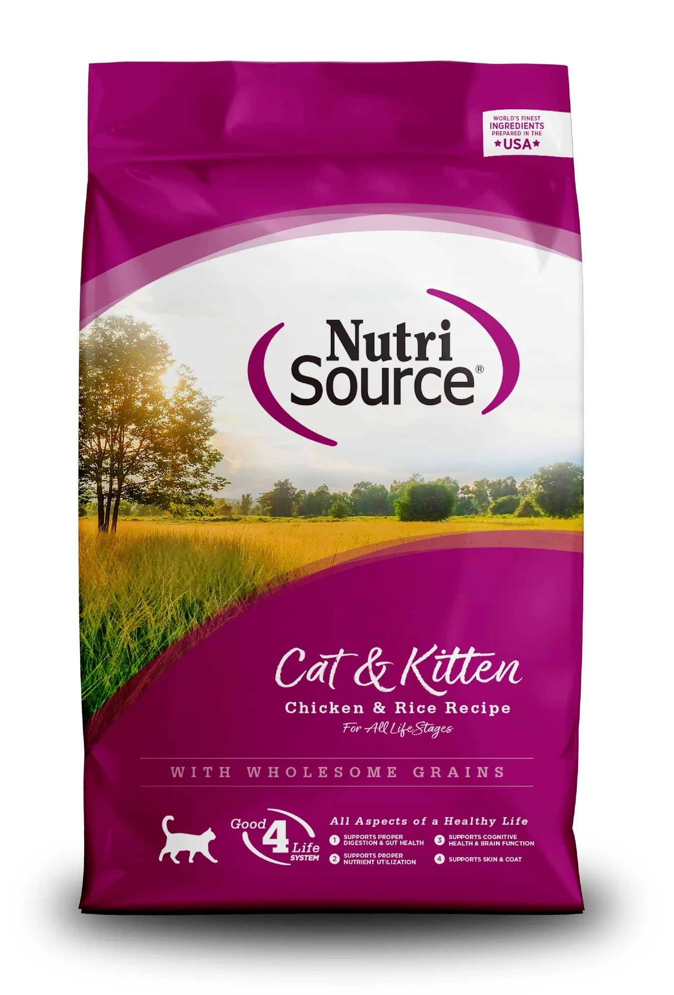 NutriSource Cat & Kitten Food 4lb bag showcases chicken and rice for all life stages and growing cats.