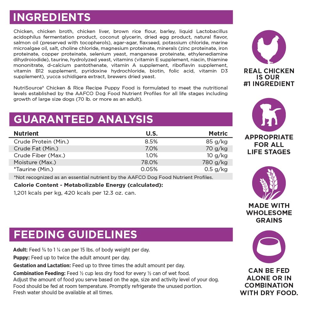 NutriSource Chicken & Rice Puppy Wet Food label close-up emphasizes protein-forward formula and quality standards.