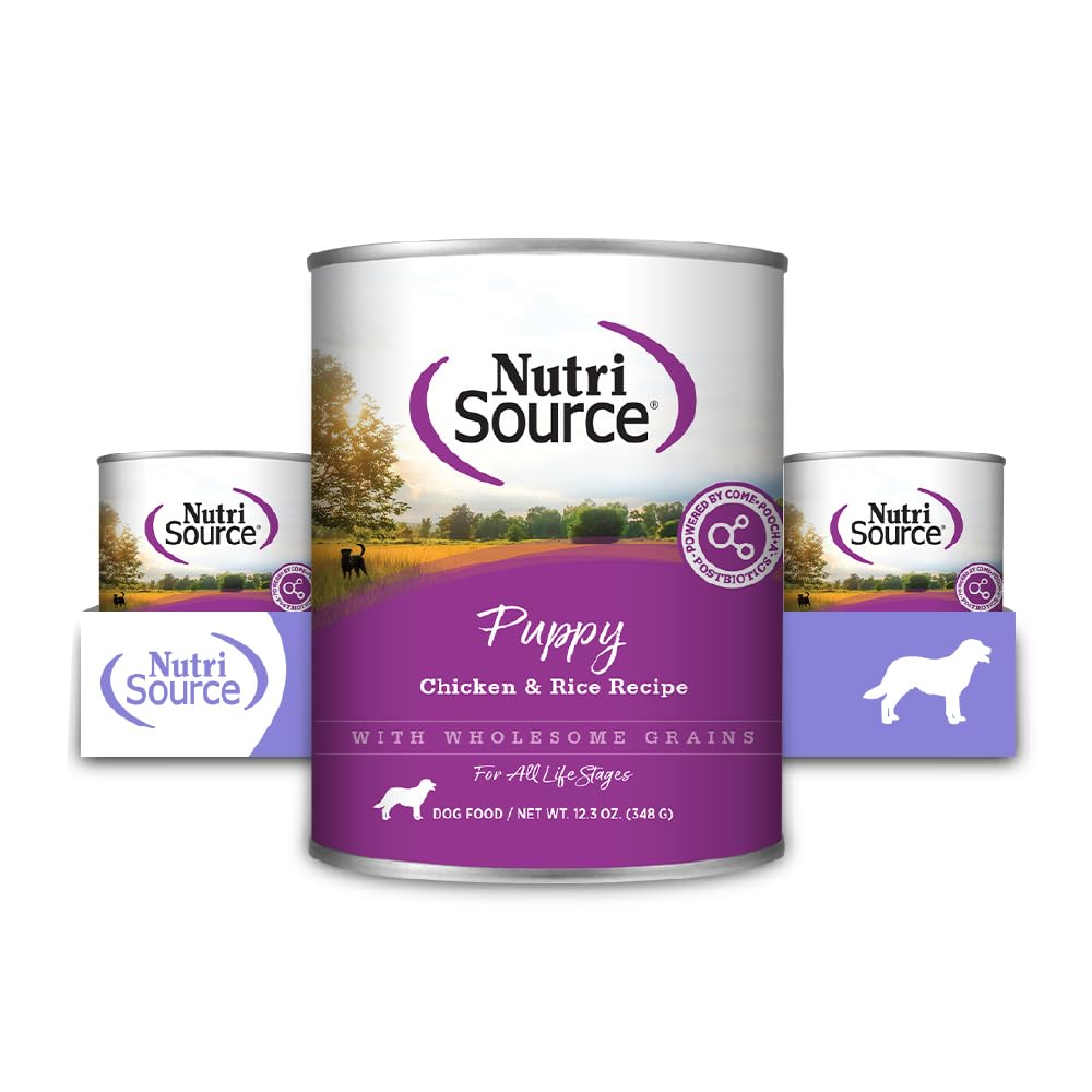 NutriSource Chicken & Rice Puppy Wet Food pack of 12 cans supports growing puppies with balanced nutrition.