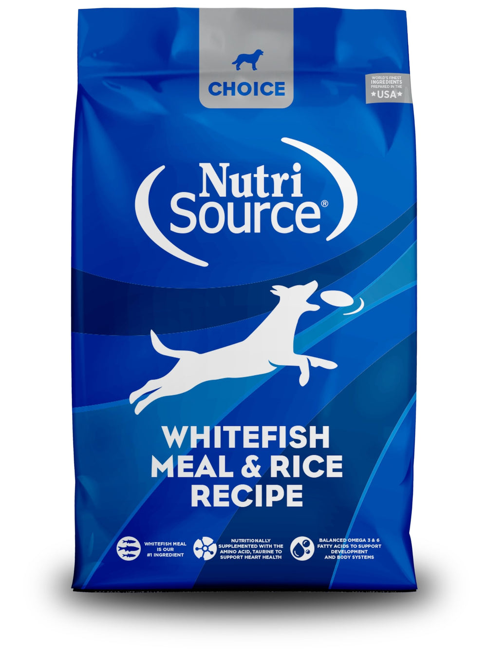 NutriSource Choice dog food bag with whitefish meal and rice supports balanced nutrition for all life stages.