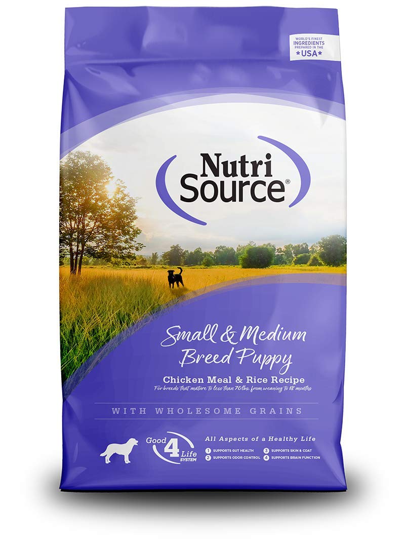 NutriSource croquetas pequeñas para cachorros con pollo y arroz, fáciles de masticar para razas pequeñas.