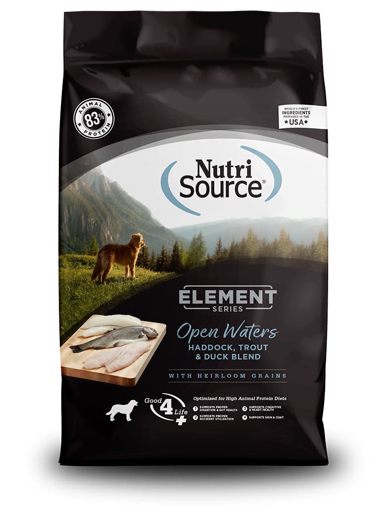 NutriSource Element Open Waters bag 4lb shows grain-inclusive nutrition for all life stages