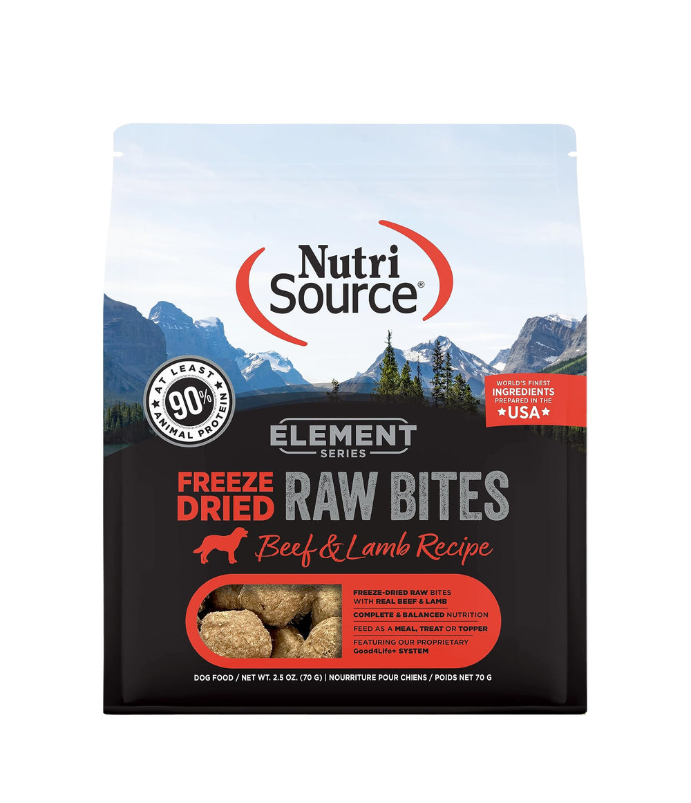 NutriSource Element Series Beef and Lamb bites hero image—freeze-dried nutrition for dogs