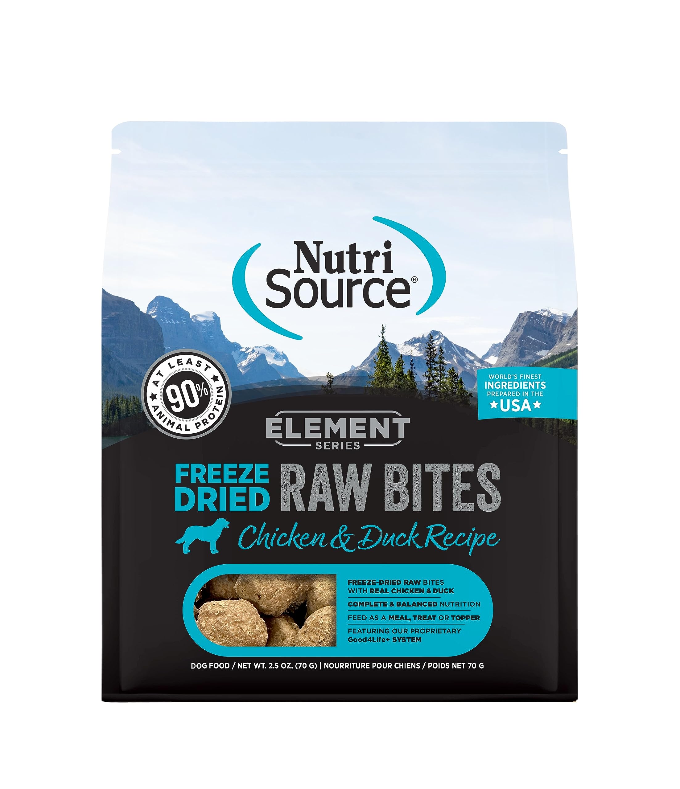 NutriSource Element Series chicken and duck bites closeup highlighting high-protein nutrition for active dogs