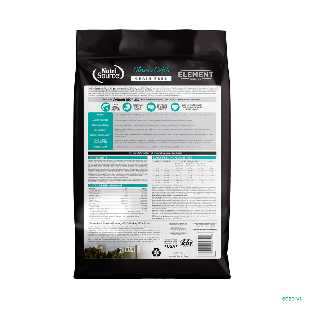 Ingredients label showing omega fatty acids and botanicals in NutriSource Classic Catch