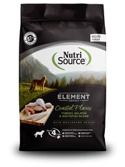 NutriSource Element Series Coastal Plains dry dog food bag shows premium protein mix for dogs