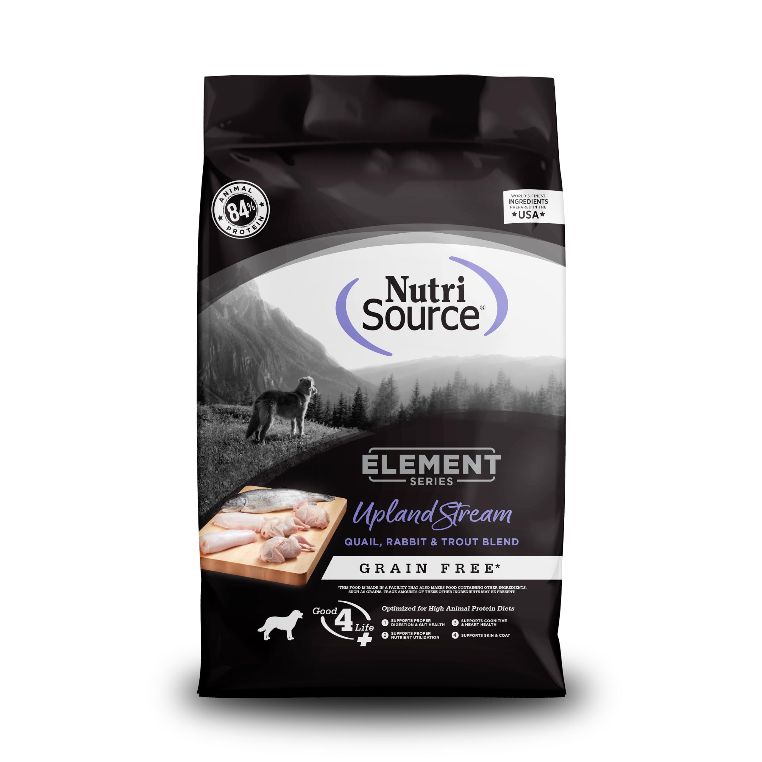 NutriSource Element Upland Stream bag open with high-protein kibble for all life stages.