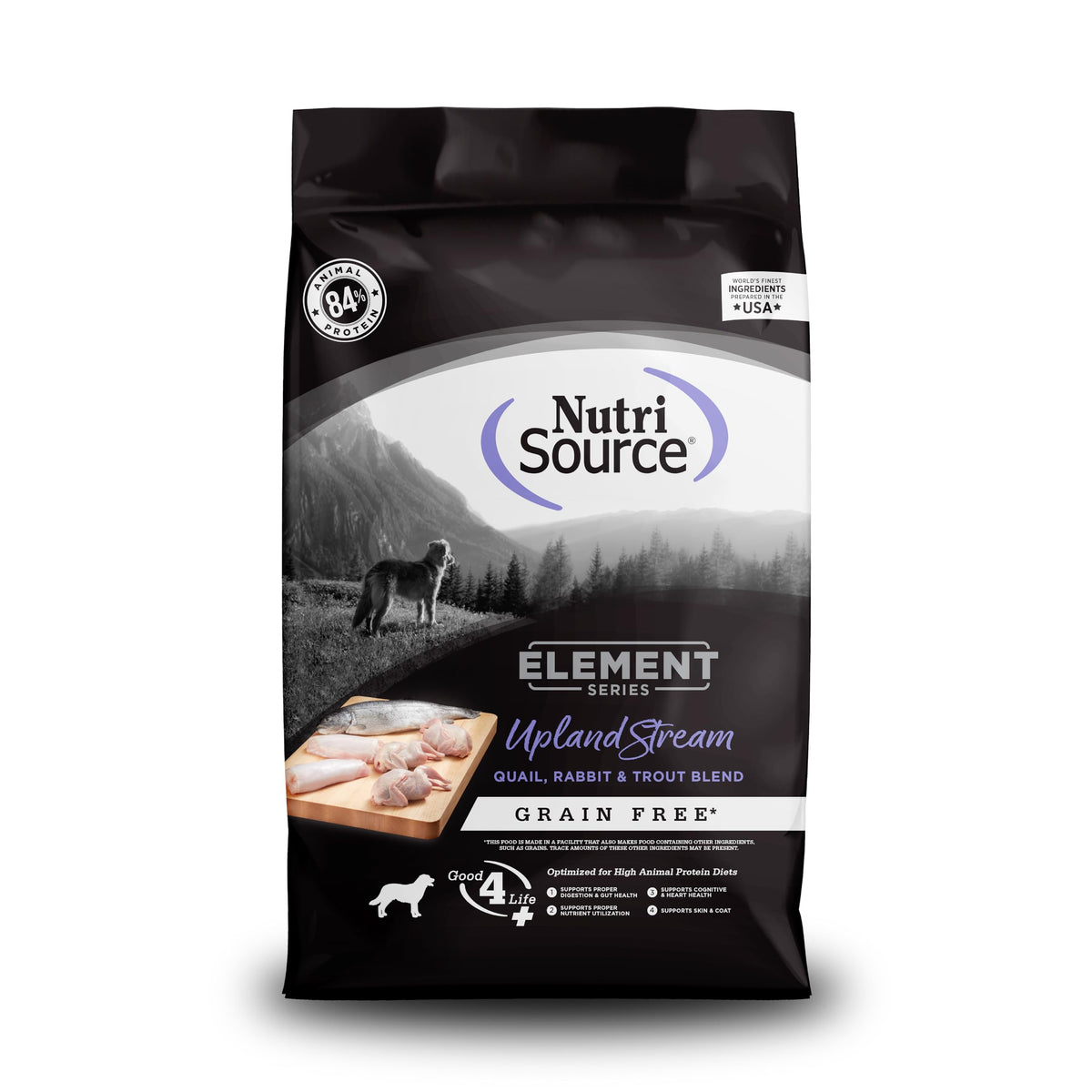 NutriSource Element Upland Stream bag open with high-protein kibble for all life stages.