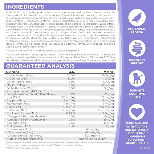 NutriSource Element Upland Stream kibble close-up highlighting savory texture and nutrient-dense bites.