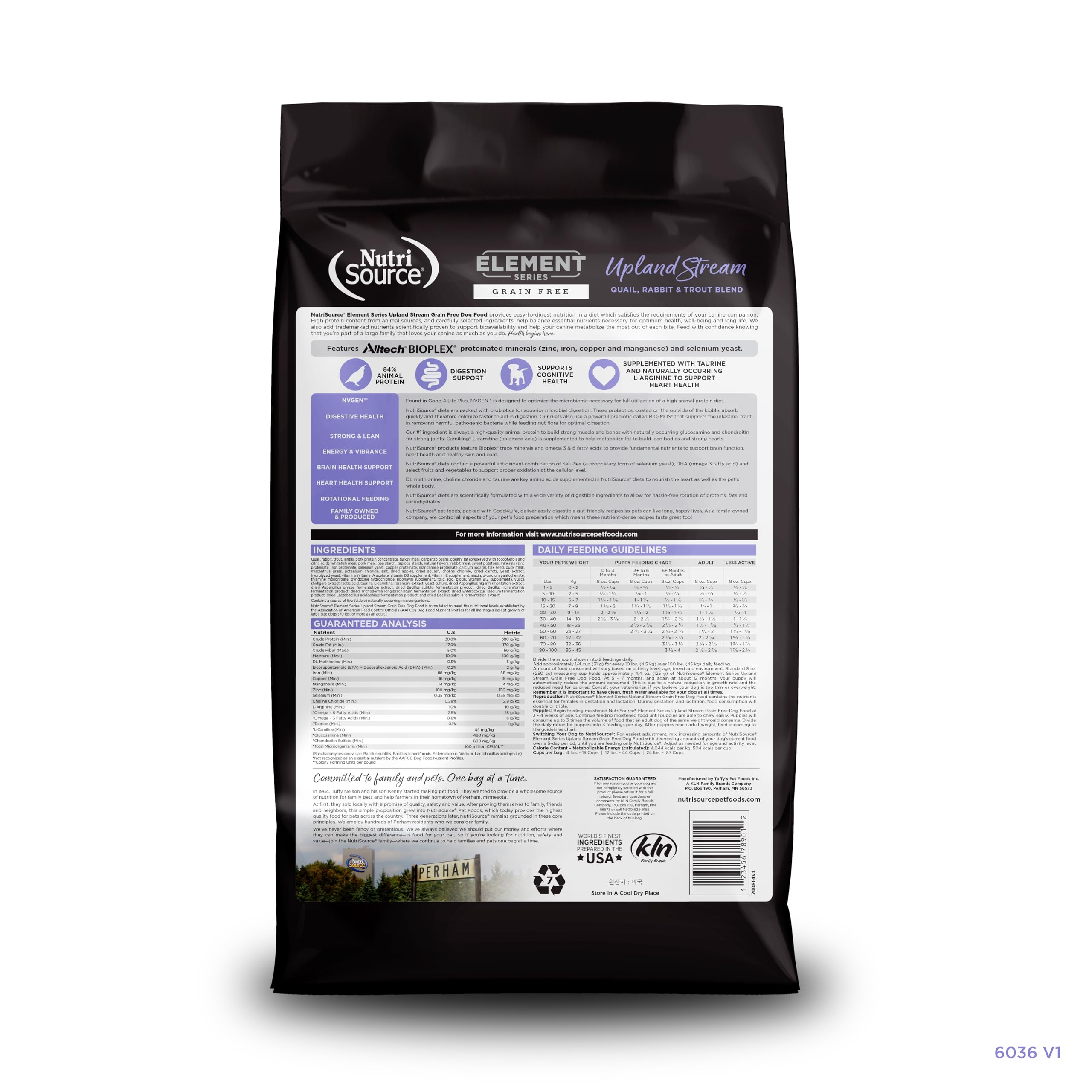 NutriSource Element Upland Stream quail ingredient emphasizes protein-rich animal sources for dogs.