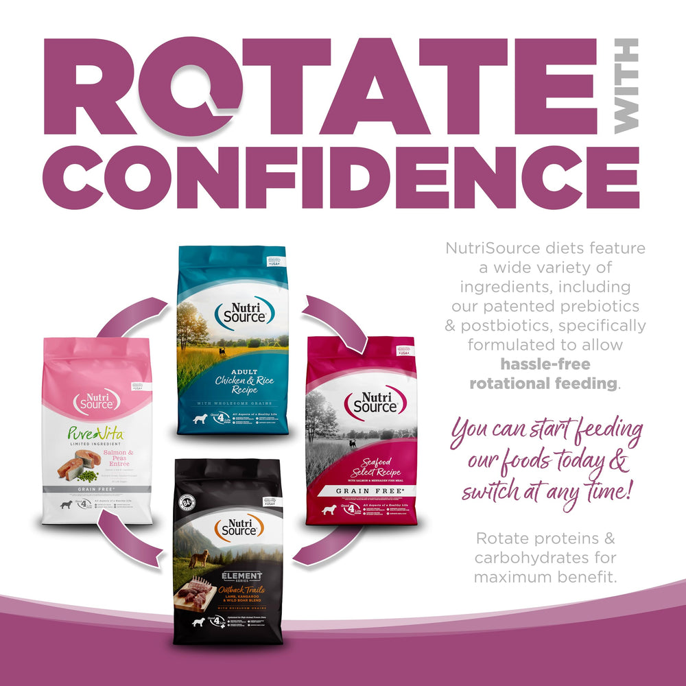 NutriSource Element Series Wild Range bag art showcases legume- and potato-free formula.
