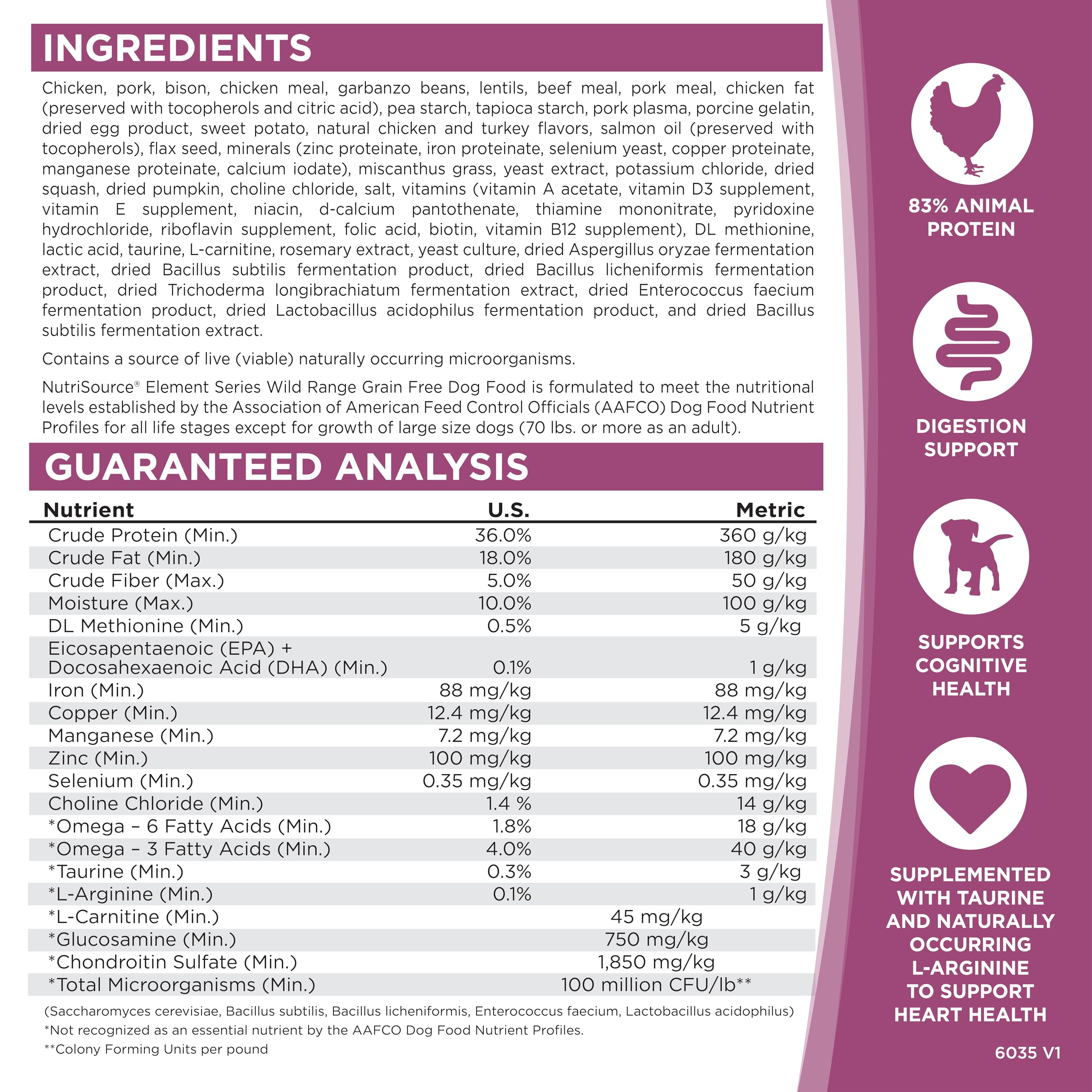 NutriSource Element Series Wild Range bag front with NVGEN for high-protein diets.