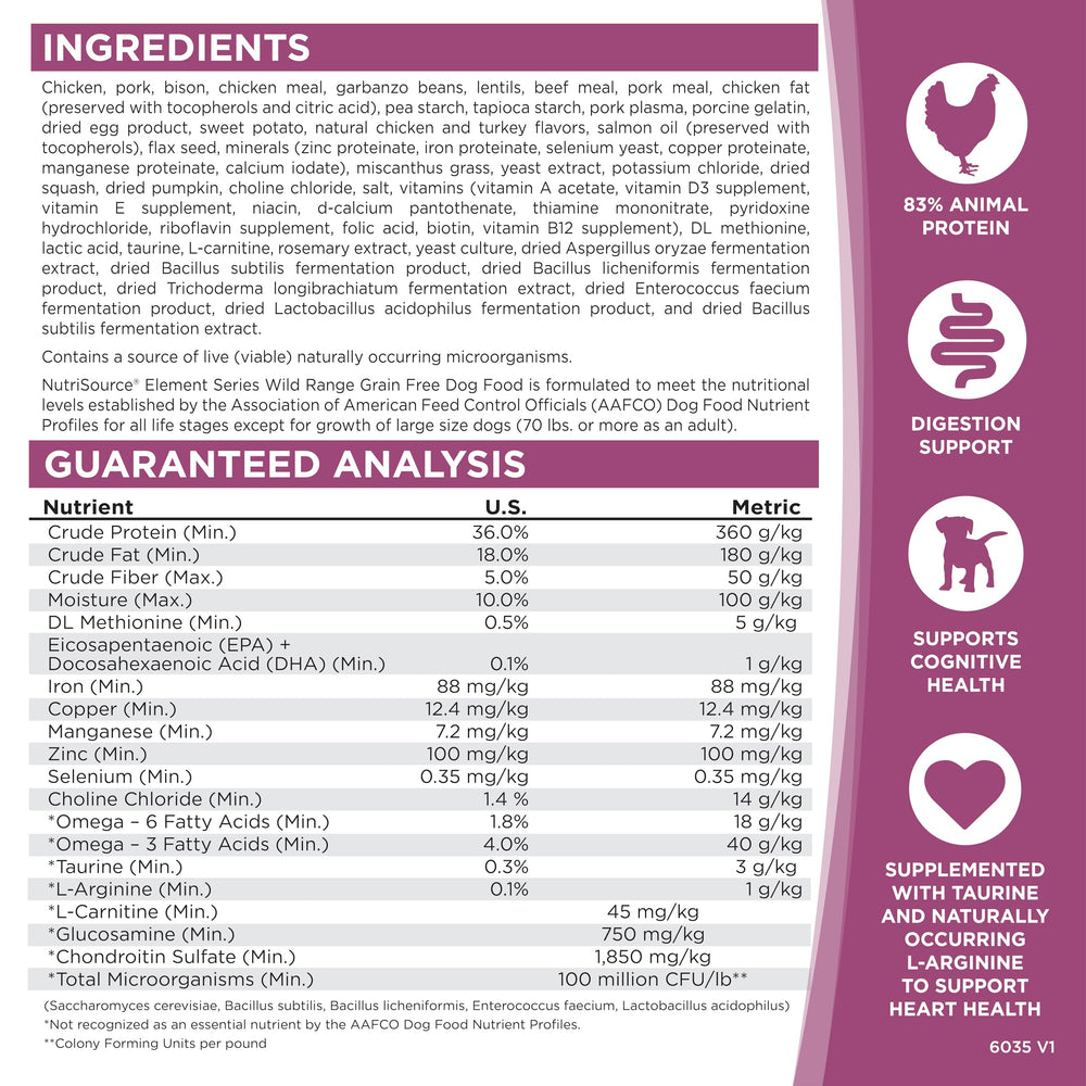 NutriSource Element Series Wild Range bag front with NVGEN for high-protein diets.