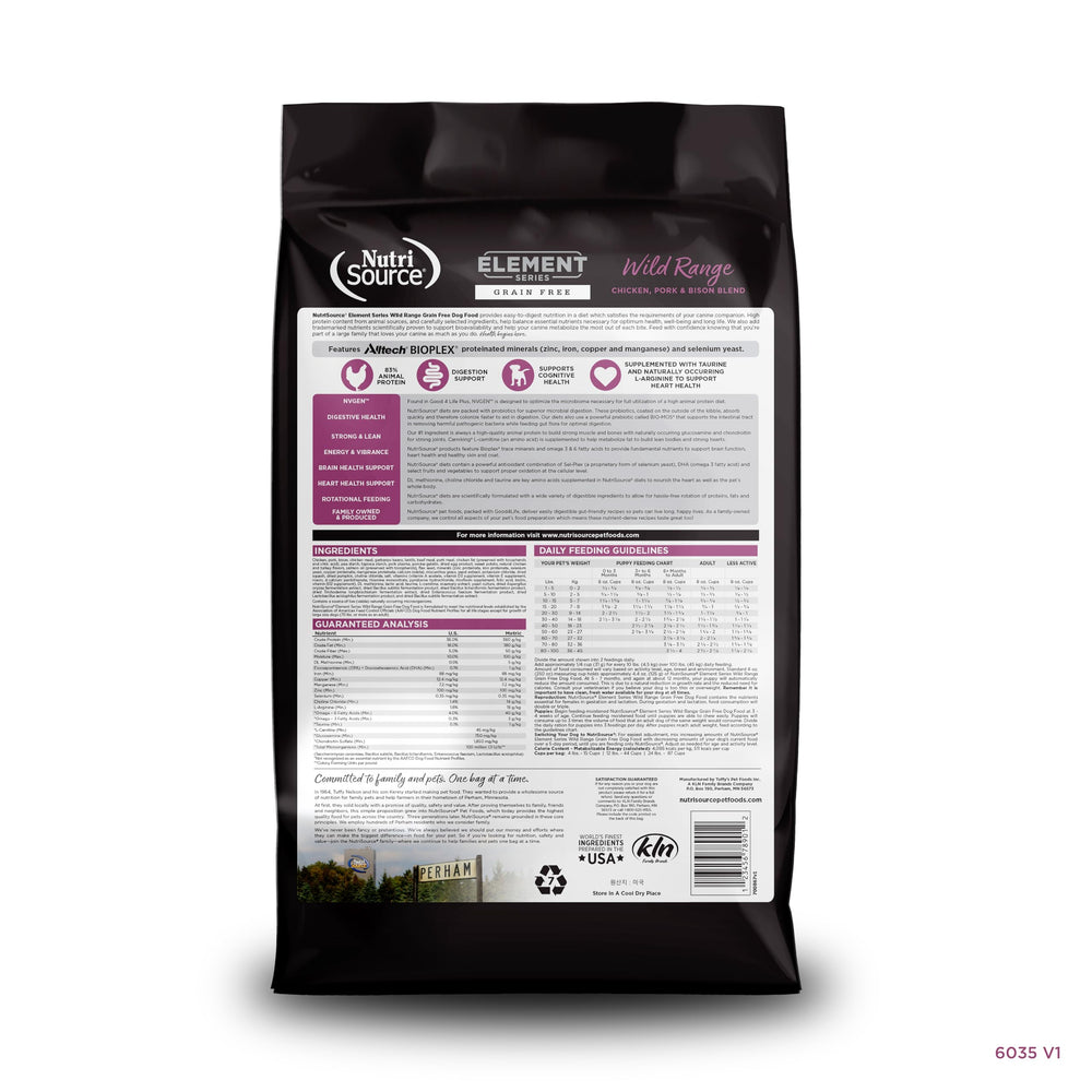 NutriSource Element Series Wild Range feeding scene, dog enjoys a balanced meat-forward meal.