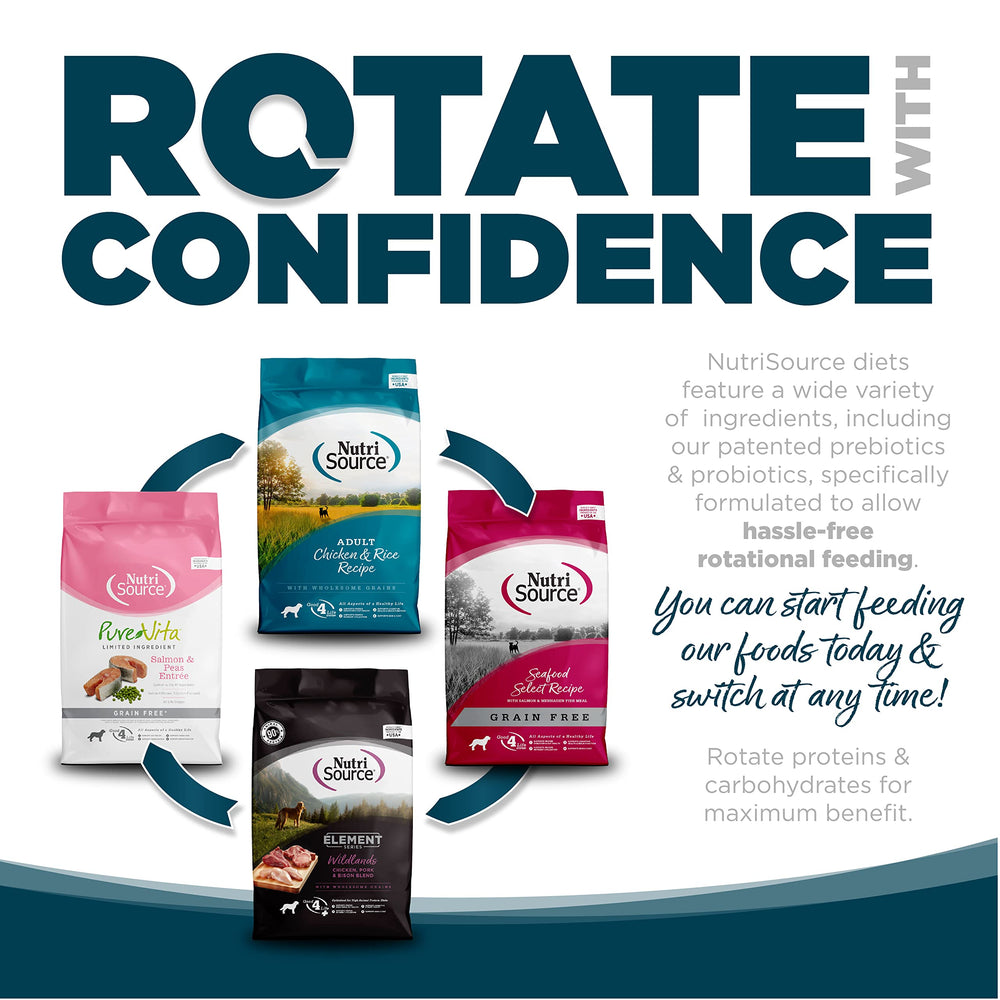 NutriSource Adult Chicken & Rice Small Bites serving scene showing balanced daily feeding.