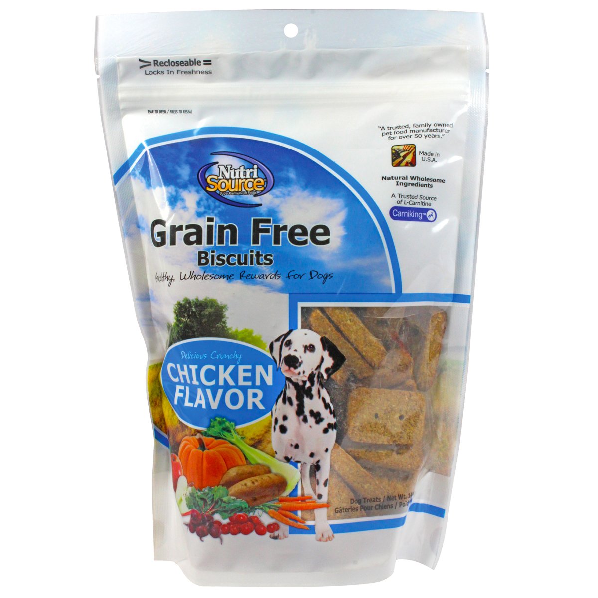 NutriSource grain-free chicken biscuit dog treat 14oz, ideal for training rewards and daily snacks