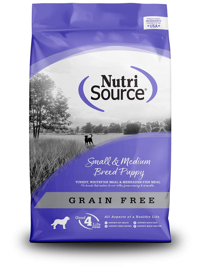 NutriSource grain-free turkey small/medium puppy bag highlights premium kibble for muscle support and digestibility.