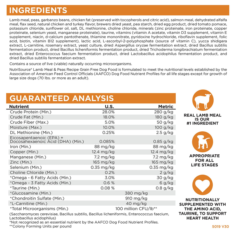 NutriSource Lamb Meal & Peas all-life-stages graphic—designed for balanced nutrition across life stages.