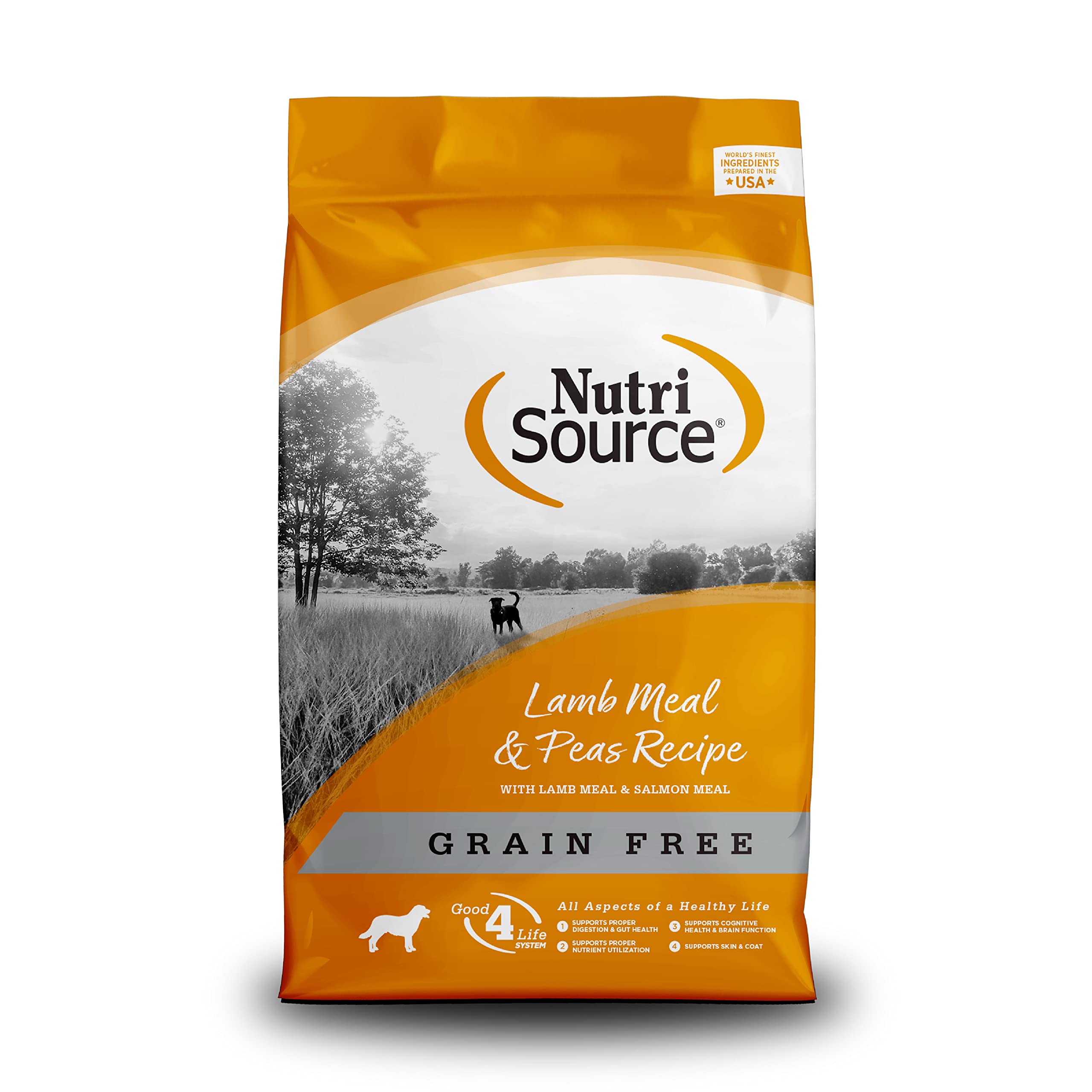 NutriSource Lamb Meal & Peas dog food bag—grain-free formula for everyday meals.