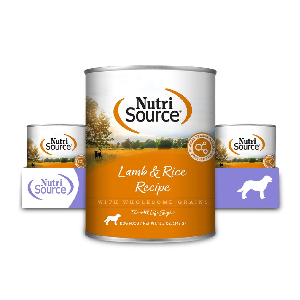 NutriSource Lamb & Rice wet dog food can closeup highlighting premium protein for muscles