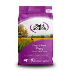 NutriSource Large Breed Puppy Chicken & Rice dry dog food bag—growth-supporting nutrition for large puppies.