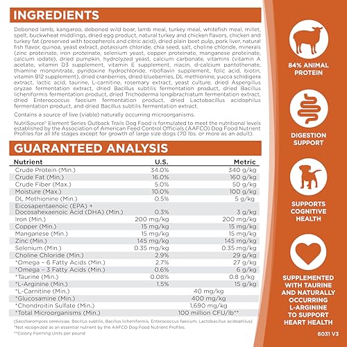 NutriSource Outback Trails kibble closeup emphasizes crunchy texture for satisfying meals.