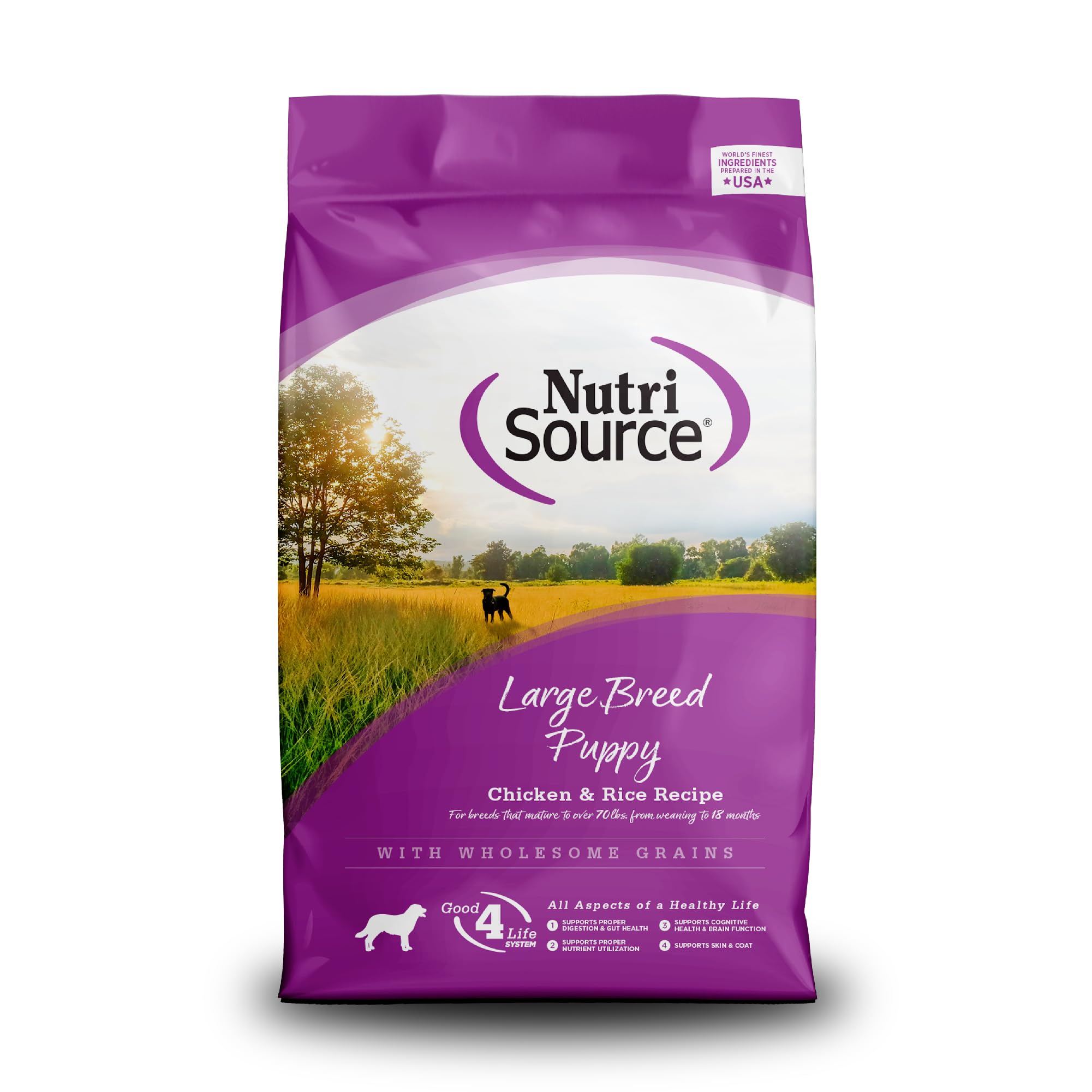 NutriSource puppy food large-breeds chicken rice bag 4lb shows convenient packaging for daily feeding