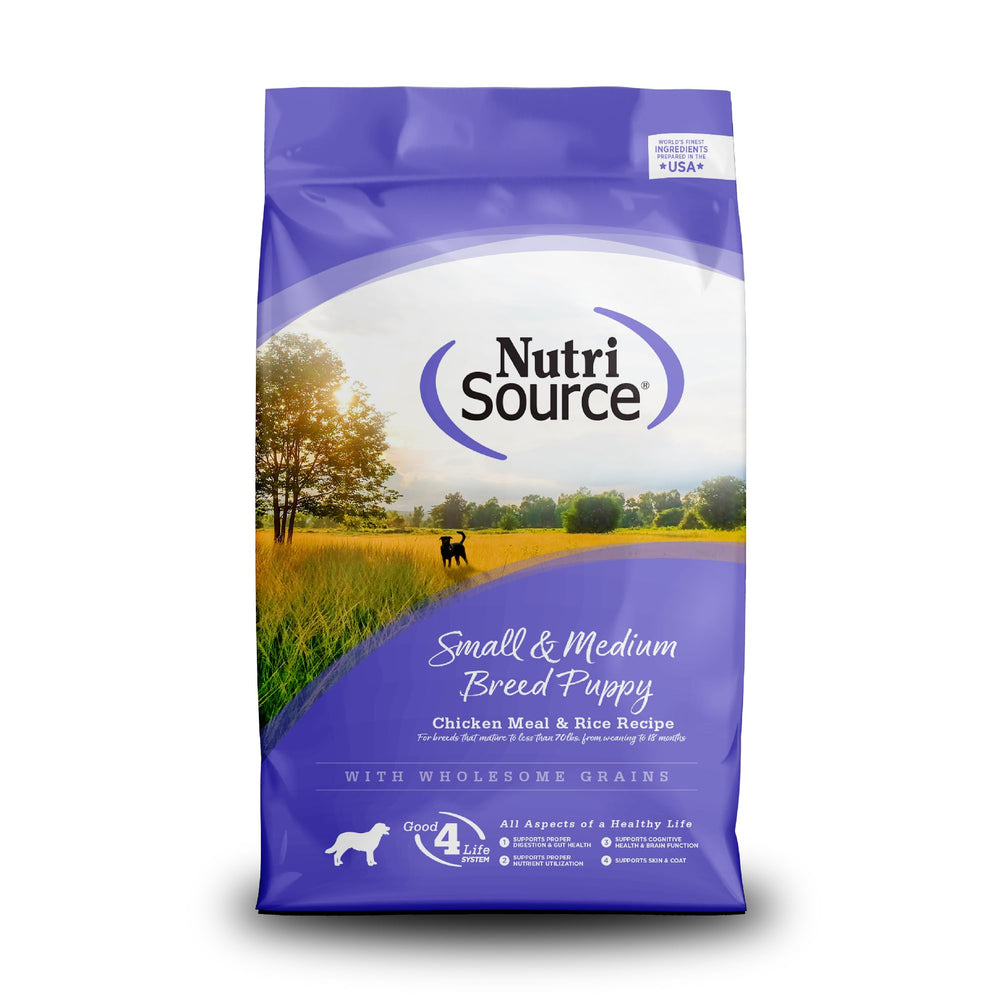 NutriSource puppy food small-breed bowl - supports healthy growth with balanced nutrition.