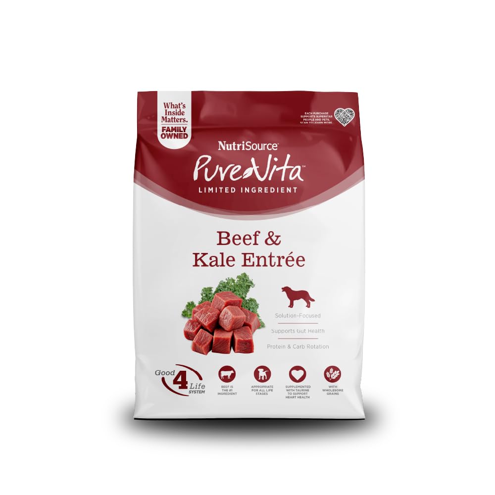NutriSource Pure Vita beef-kale-kibble-closeup with probiotic coating supporting digestion.