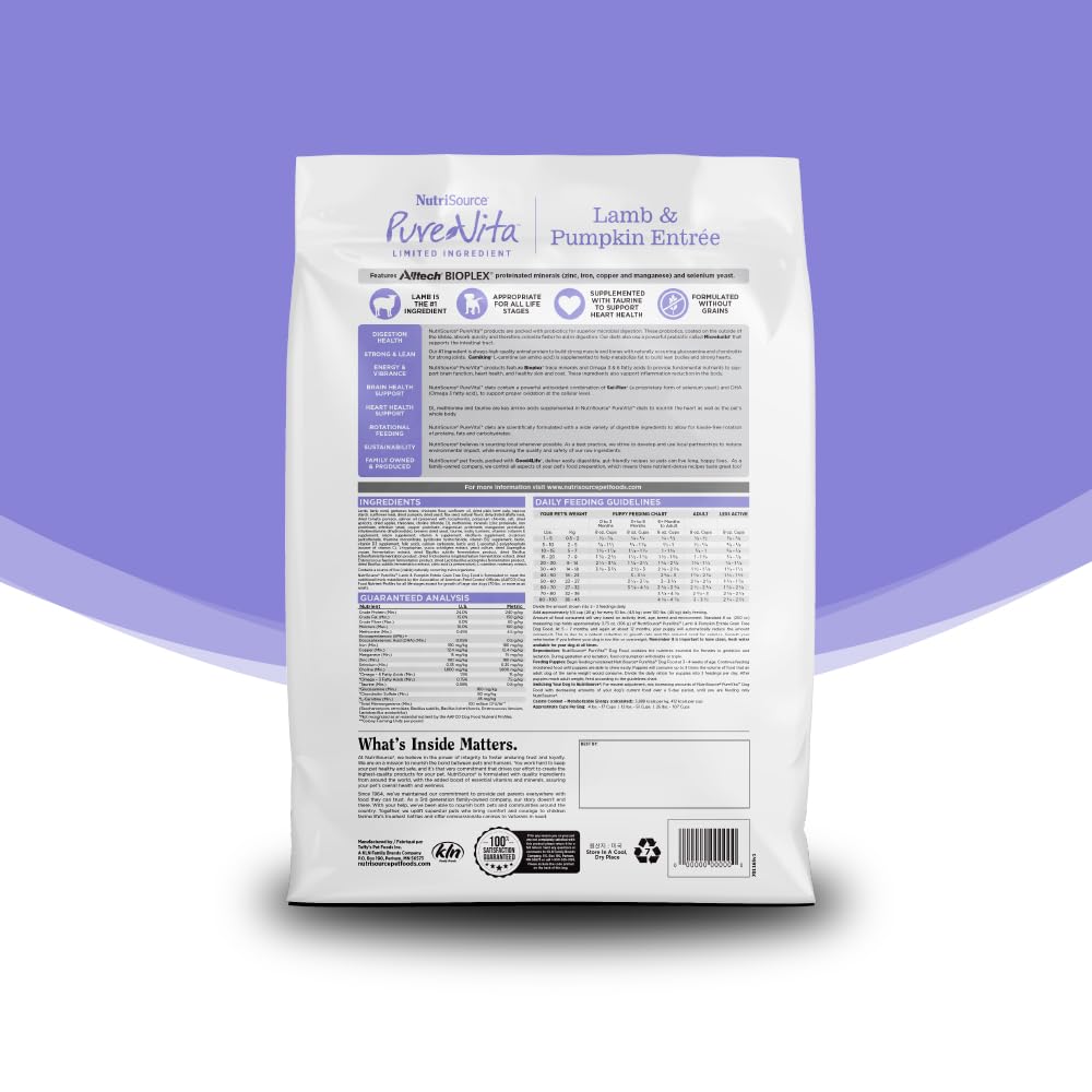 NutriSource Pure Vita grain-free lamb-pumpkin meal closeup highlights protein-forward nutrition