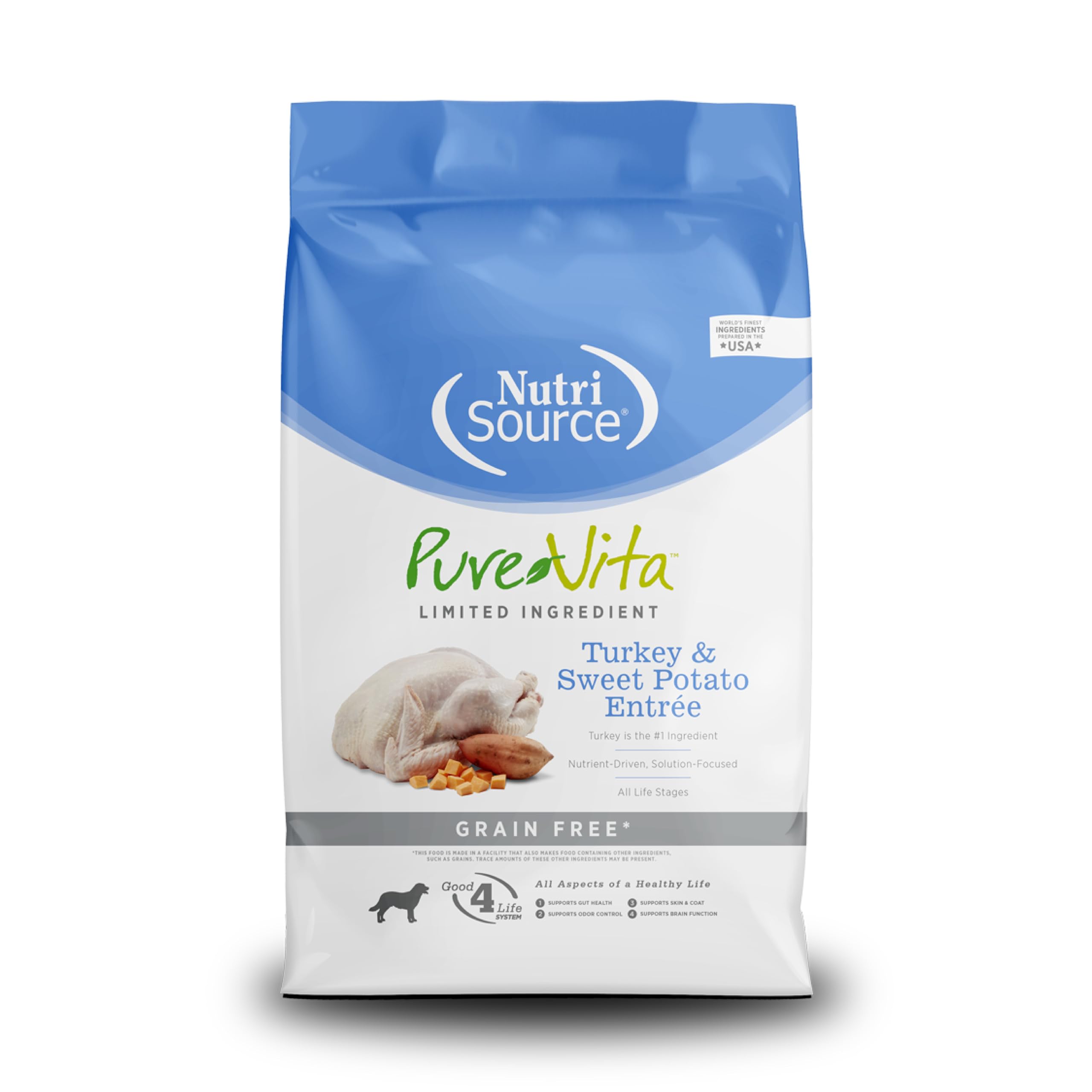 NutriSource Pure Vita grain-free turkey and sweet potato dry dog food bag front highlighting grain-free formula