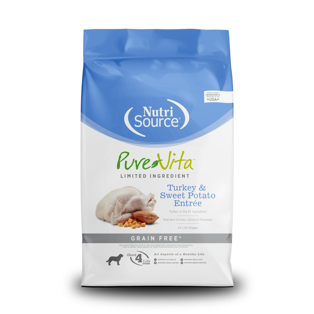 NutriSource Pure Vita grain-free turkey and sweet potato dry dog food bag front highlighting grain-free formula