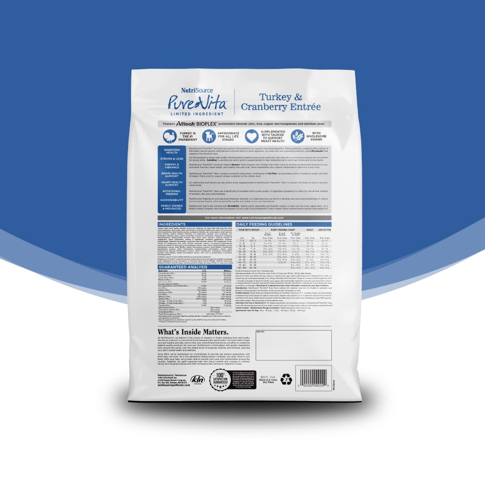 NutriSource Pure Vita turkey and cranberry ingredients label highlights protein sourcing.