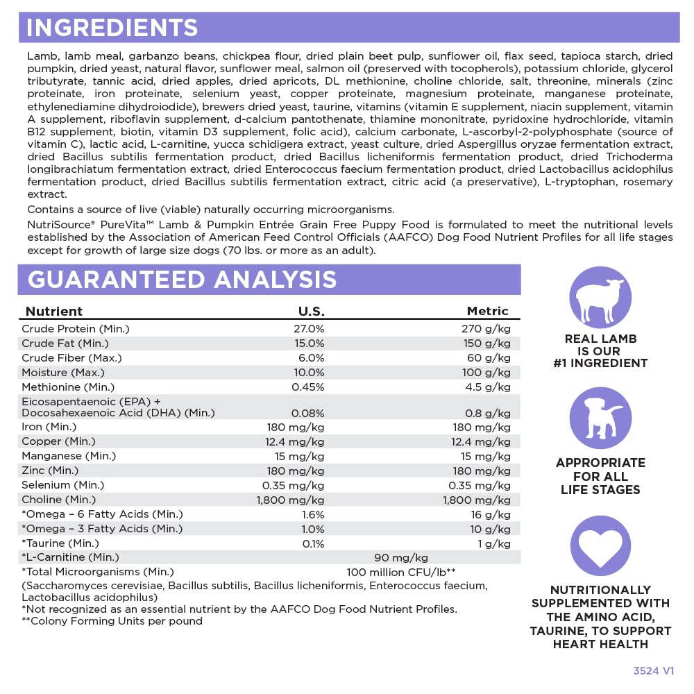 NutriSource Pure Vita Lamb & Pumpkin Puppy Bio-Mos: prebiotic digestion support for gut health.