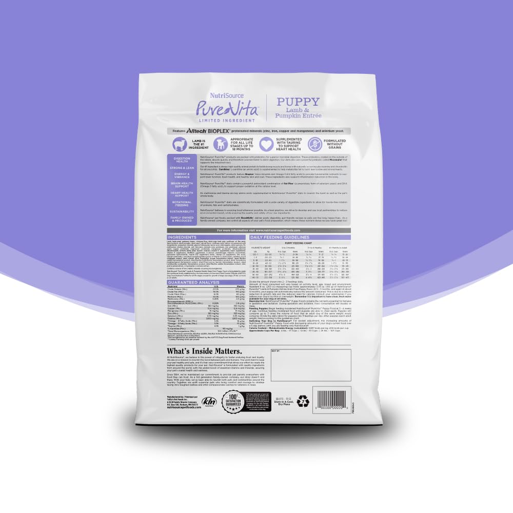 NutriSource Pure Vita Lamb & Pumpkin Puppy Kibble Texture Closeup: appealing meal texture for puppies.
