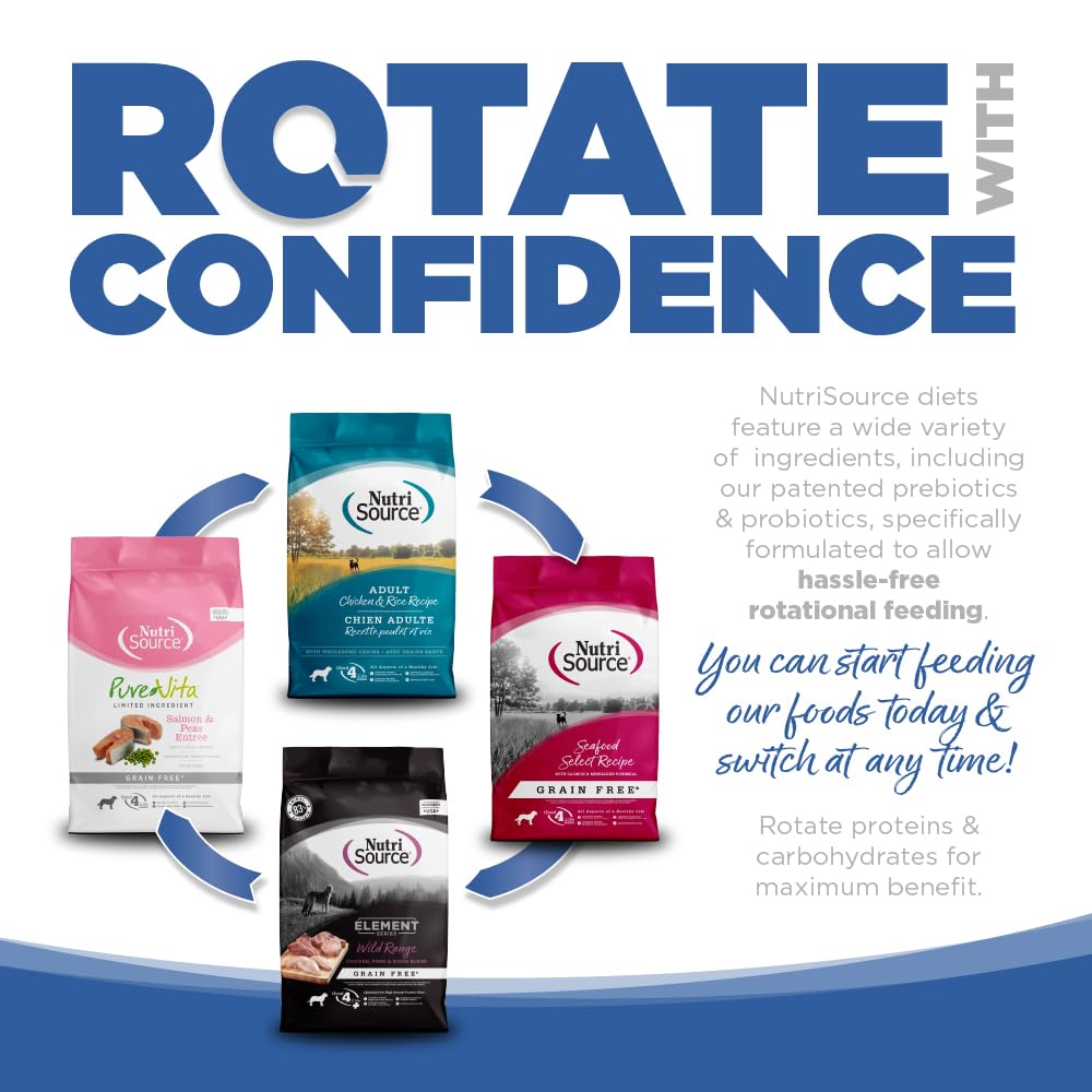 NutriSource Pure Vita omega-3-6 coating close-up indicates skin and coat benefits.