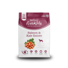 NutriSource Pure Vita salmon-kale dog food bag shows premium protein for strong muscles.