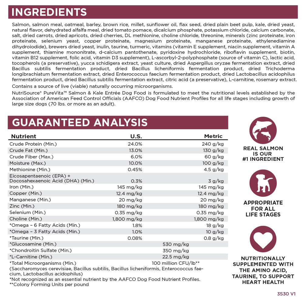 NutriSource Pure Vita salmon-kale kibble with joint-support ingredient emphasis.