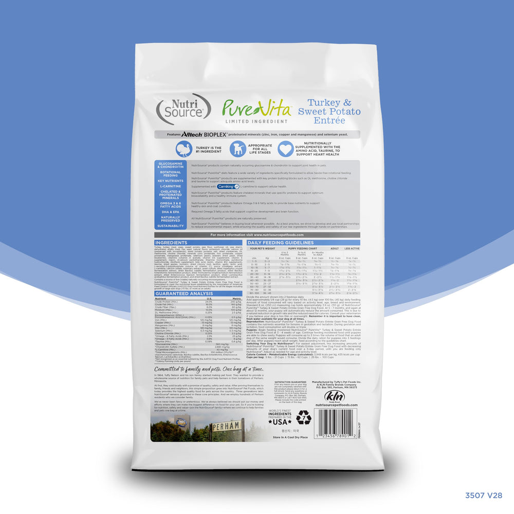NutriSource Pure Vita turkey and sweet potato kibble close-up with high-protein look