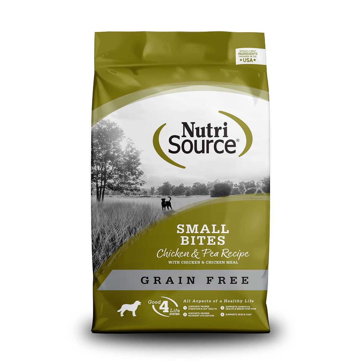 NutriSource Small Bites chicken peas dry dog food bag 5lb suitable for all life stages.