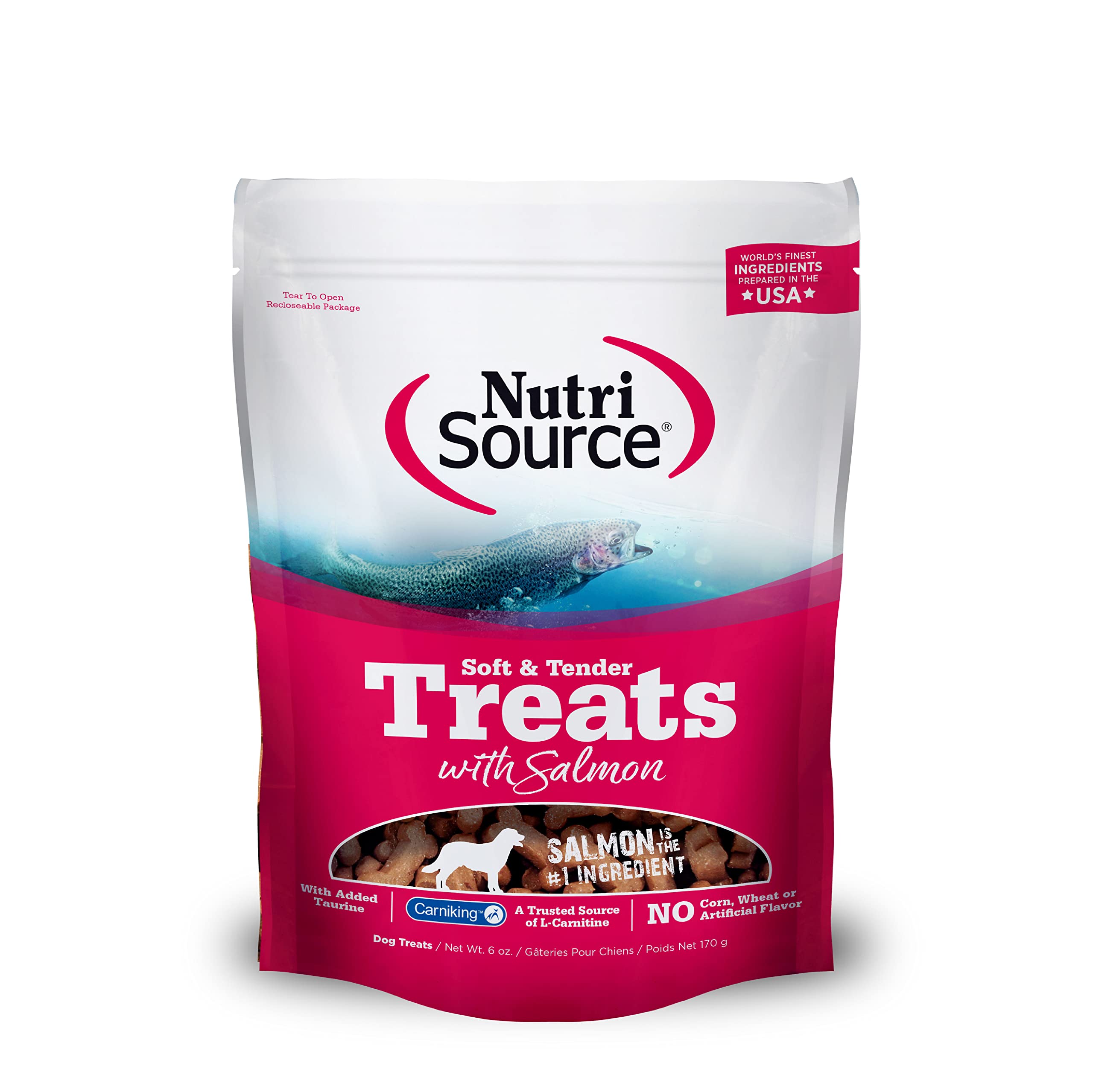 NutriSource Soft & Tender Treats Salmon packaging shows wholesome ingredients for dogs.