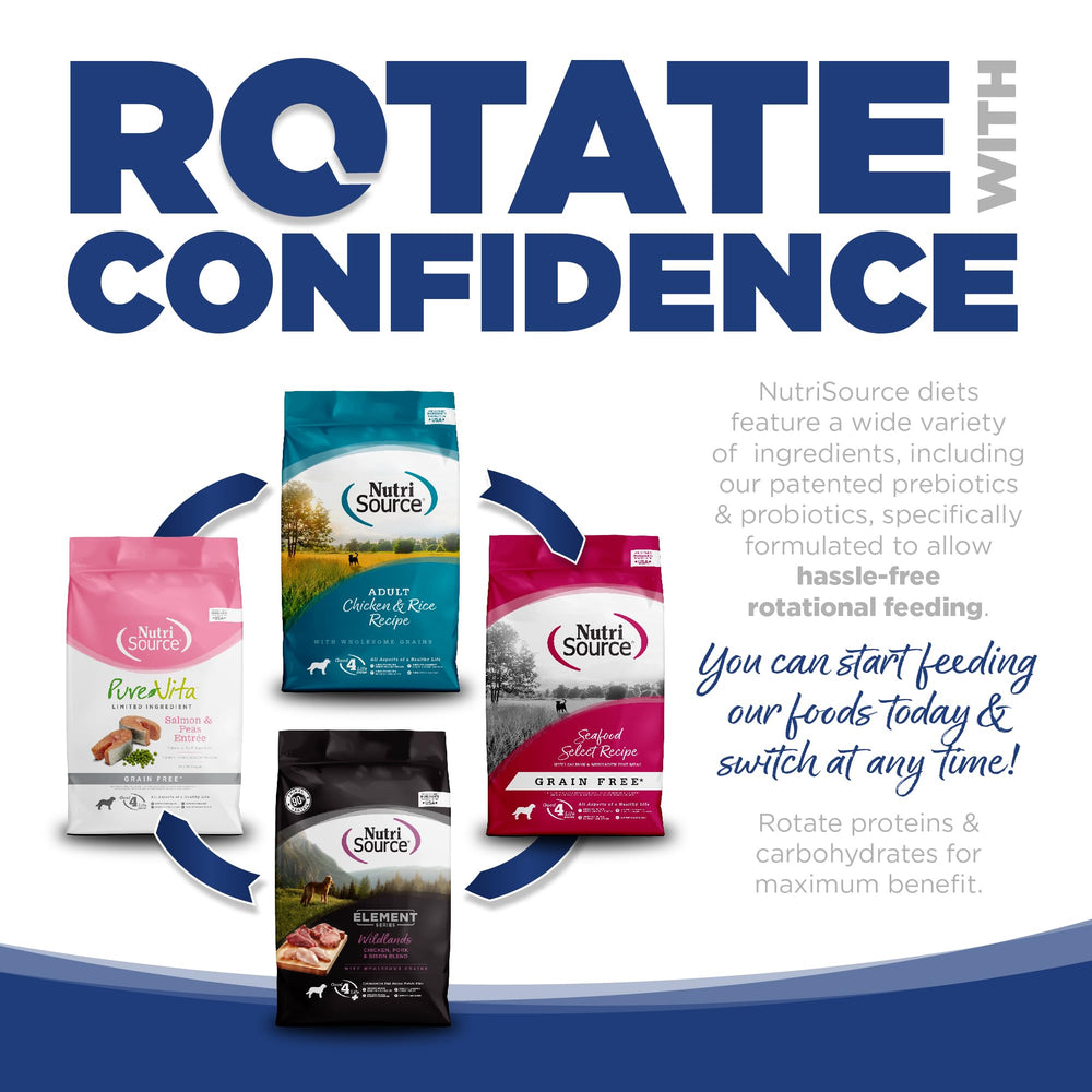 NutriSource Trout and Rice dry dog food ingredients – prebiotics and probiotics support gut balance.
