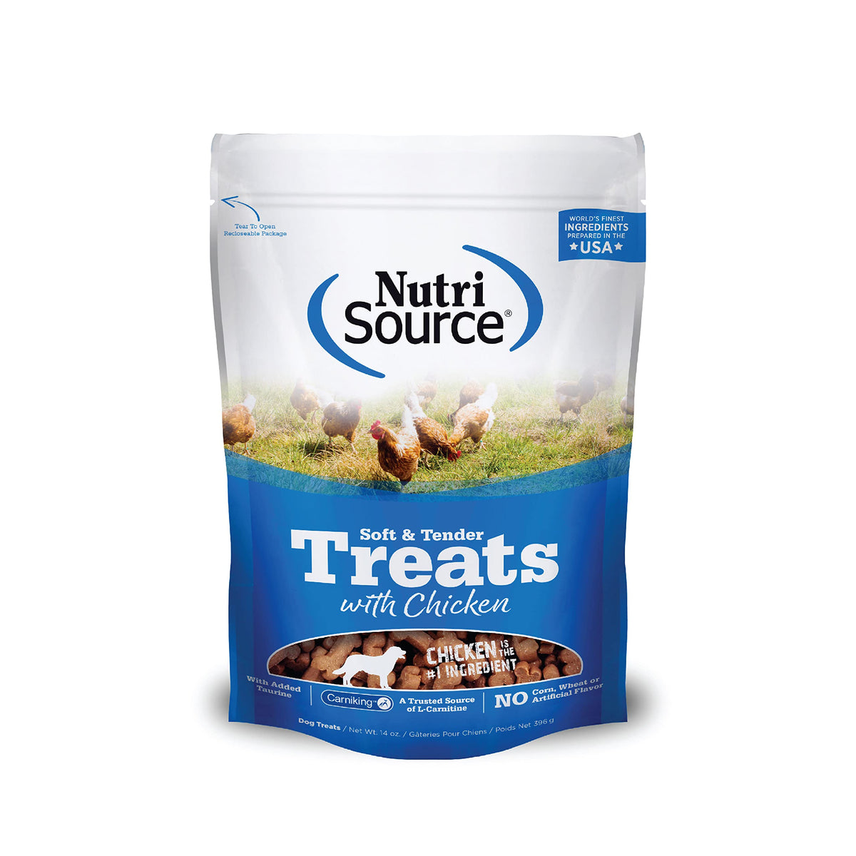 NutriSource TU80020 packaging with soft chicken treats for dogs, ideal for picky eaters.