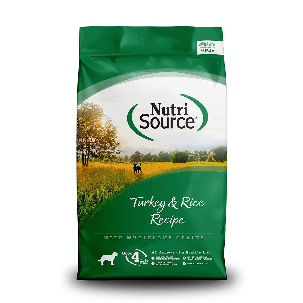 NutriSource Turkey & Rice dog food 5lb packaging, highlighting quality ingredients for digestion support.