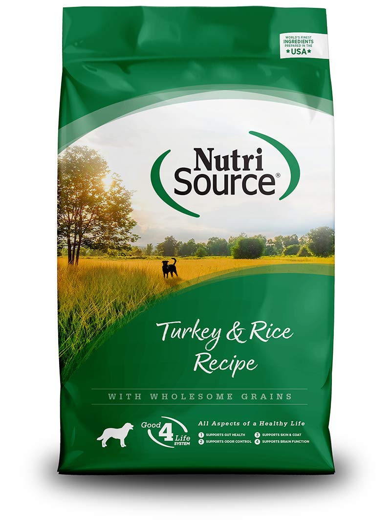 NutriSource Turkey & Rice 5lb serving bowl scene suggests a balanced meal for active dogs.