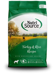 NutriSource Turkey & Rice 5lb serving bowl scene suggests a balanced meal for active dogs.