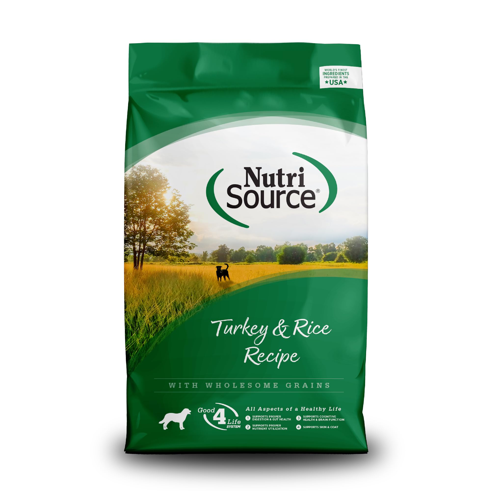NutriSource Turkey and Rice dry dog food bag front highlights grain-inclusive nutrition for all life stages.