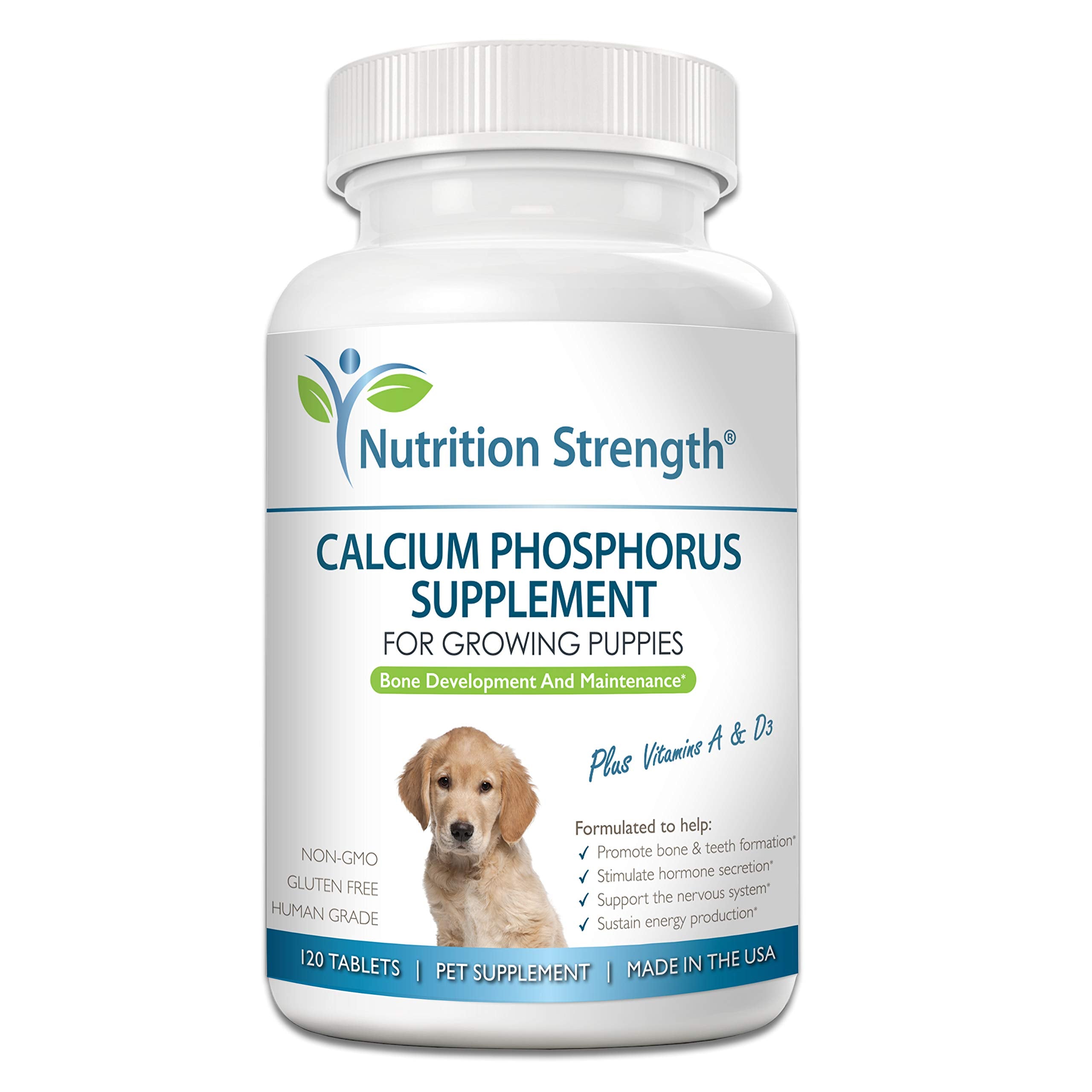 Nutrition Strength Calcium Phosphorus for Dogs packaging highlights bone-support benefits.