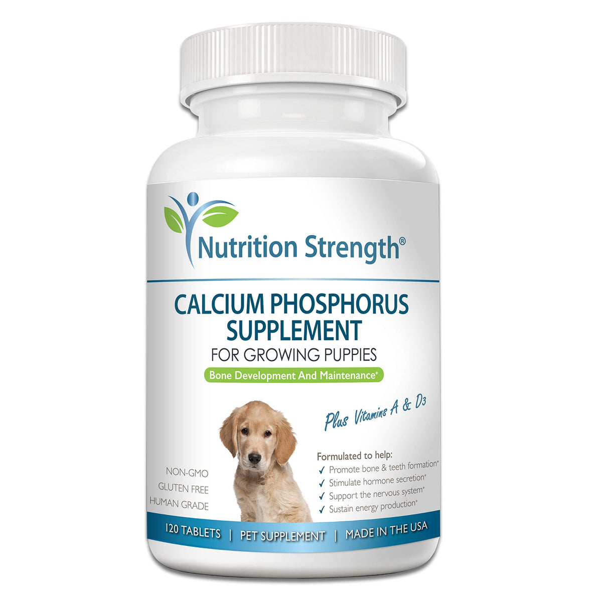 Nutrition Strength Calcium Phosphorus for Dogs packaging highlights bone-support benefits.