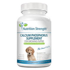 Nutrition Strength Calcium Phosphorus for Dogs packaging highlights bone-support benefits.